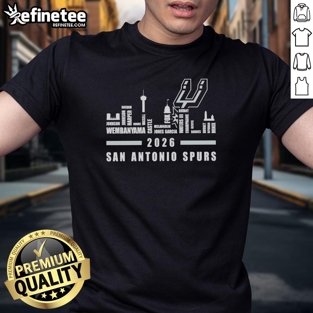 premium-san-antonio-spurs-nba-2026-name-player-city-skyline-t-shirt Alt Text: Premium San Antonio Spurs NBA 2026 player name T-shirt featuring a vibrant city skyline design. Perfect for fans!