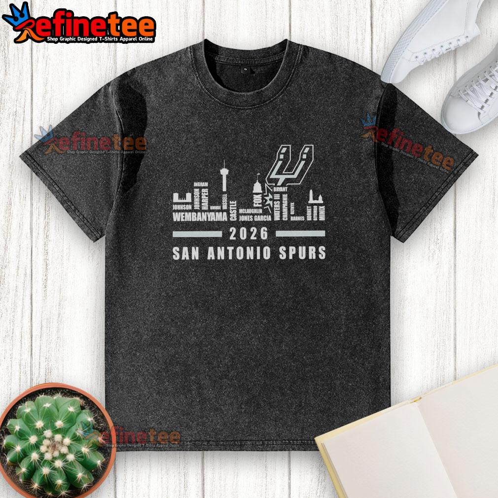 premium-san-antonio-spurs-nba-2026-name-player-city-skyline-washed-t-shirt Premium San Antonio Spurs NBA 2026 washed t-shirt featuring player name and city skyline design.