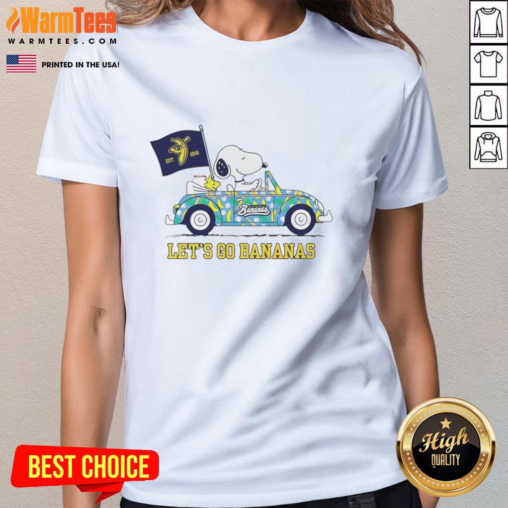 premium-snoopy-and-woodstock-driving-car-lets-go-savannah-bananas-ladies-tee Premium Snoopy And Woodstock Driving Car Let's Go Savannah Bananas T-Shirt - Image 3