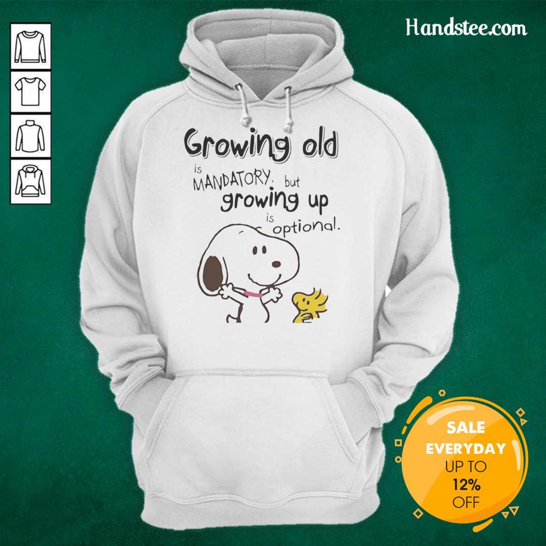 premium-snoopy-and-woodstock-growing-old-is-mandatory-but-growing-up-is-optional-hoodie Premium Snoopy and Woodstock hoodie featuring 'Growing Old Is Mandatory, But Growing Up Is Optional' design.
