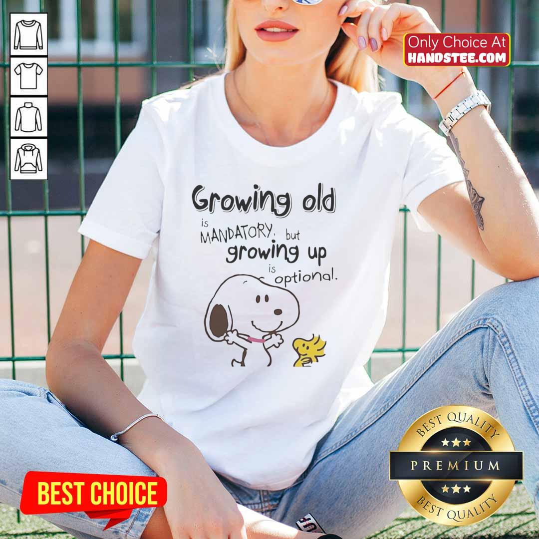 premium-snoopy-and-woodstock-growing-old-is-mandatory-but-growing-up-is-optional-ladies-tee Premium Snoopy and Woodstock tee for ladies features 'Growing Old is Mandatory, Growing Up is Optional' design.