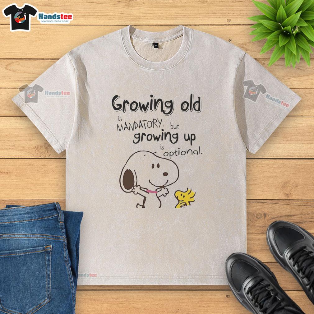 premium-snoopy-and-woodstock-growing-old-is-mandatory-but-growing-up-is-optional-washed-t-shirt Premium Snoopy and Woodstock 'Growing Old is Mandatory, Growing Up is Optional' washed t-shirt for casual wear.