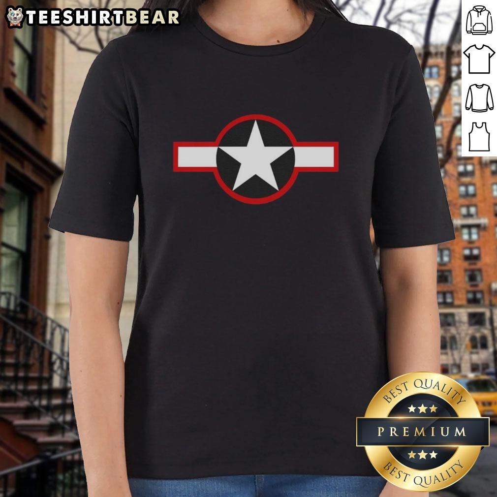 premium-star-and-bar-stylized-usaf-roundel-symbol-ladies-tee Alt Text: Premium Star and Bar styled USAF roundel symbol on a ladies tee, showcasing a unique military-inspired design.