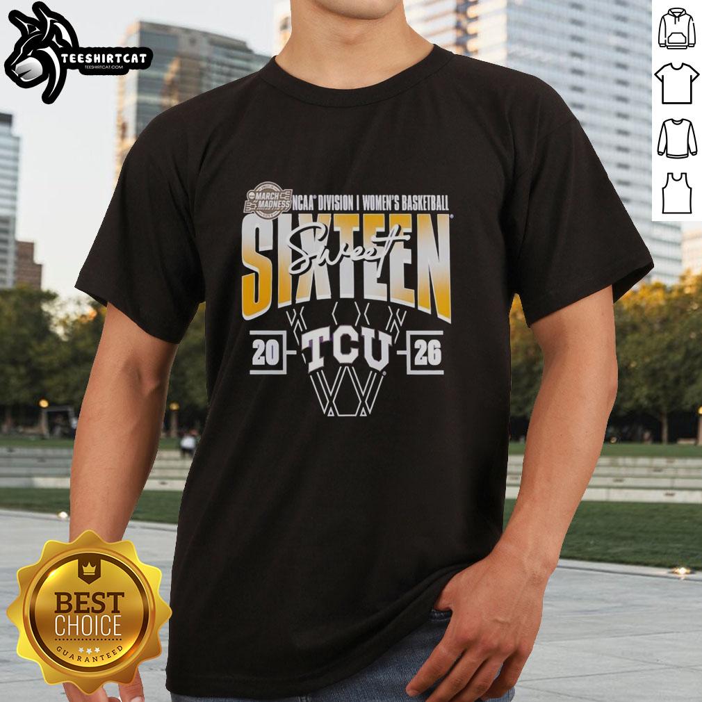 premium-tcu-horned-frogs-2026-march-madness-sweet-16-ncaa-womens-basketball-tournament-t-shirt Premium TCU Horned Frogs 2026 March Madness Sweet 16 NCAA Women's Basketball Tournament T-Shirt design featuring team colors.