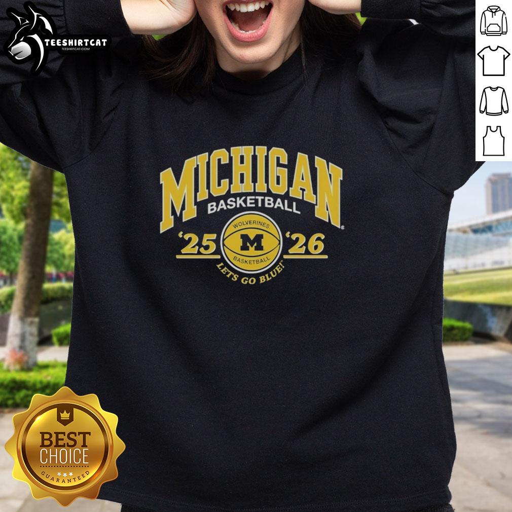 premium-university-of-michigan-2025-2026-basketball-lets-go-blue-sweatshirt Alt Text: Premium University of Michigan 2025-2026 basketball sweatshirt in navy blue with Let's Go Blue slogan.