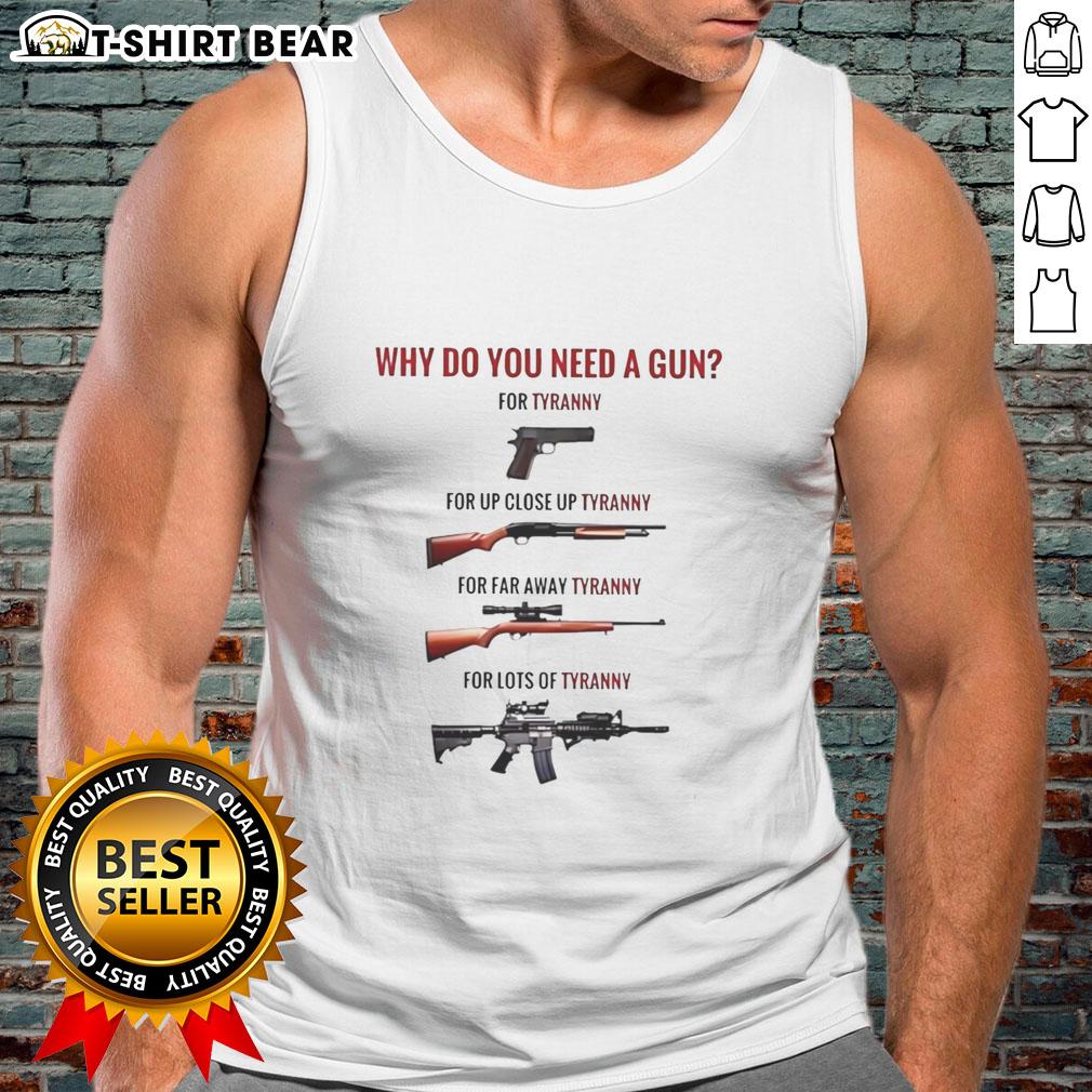 Premium Why Do You Need A Gun For Tyranny For Up Close Tyranny For Far Away Tyranny For Lots Of Tyranny Tank Top Premium tank top featuring 'Why Do You Need A Gun For Tyranny?' graphic, perfect for expressing freedom and resistance.