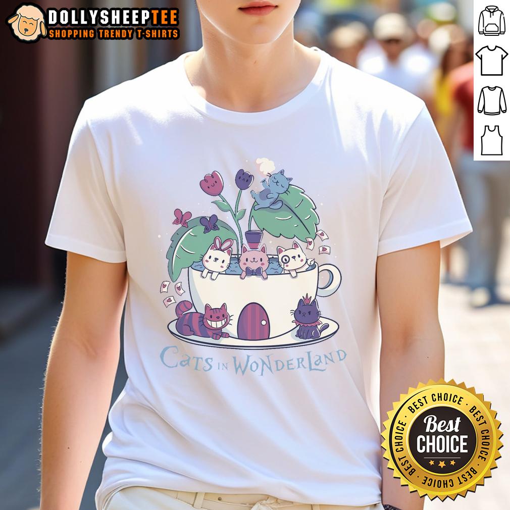 Pretty Alice Cats Tea Cats In Wonderland T Shirt Pretty Alice Cats Tea Cats In Wonderland T-Shirt featuring whimsical cat illustrations inspired by Alice in Wonderland.