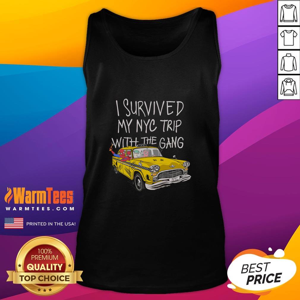 pretty-i-survived-my-nyc-trip-with-the-gang-spider-perks-tank-top Group wearing 'Pretty I Survived My NYC Trip' tank tops at a city landmark, showcasing fun memories of their adventure.