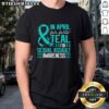 Pretty In April teal t-shirt for sexual assault awareness featuring a blue ribbon design.