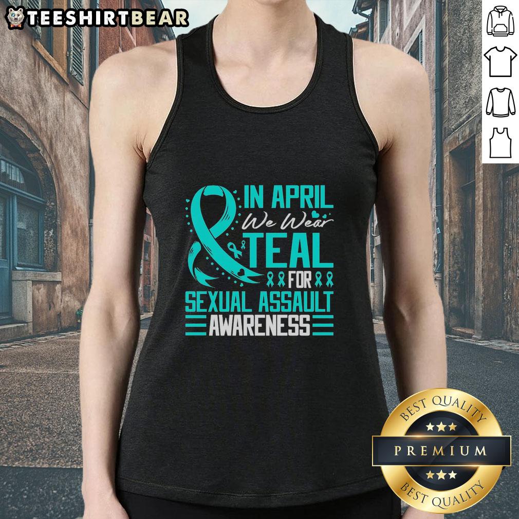 pretty-in-april-we-wear-teal-for-sexual-assault-awarenesse-blue-ribbon-tank-top Teal tank top for Sexual Assault Awareness featuring a blue ribbon, perfect for April awareness events.