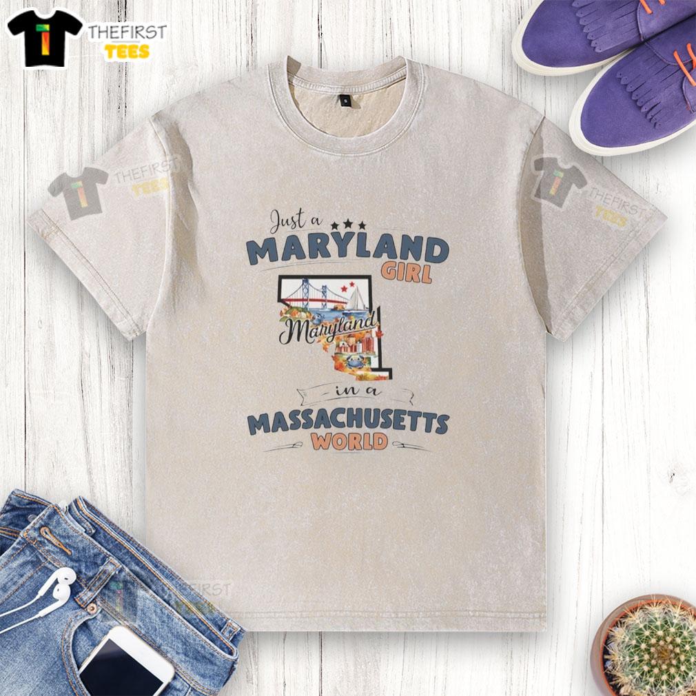 pretty-just-a-maryland-girl-in-an-massachusetts-world-state-map-outline-washed-t-shirt Alt Text: Pretty Maryland girl in a Massachusetts world state map outline washed t-shirt, showcasing her unique style.