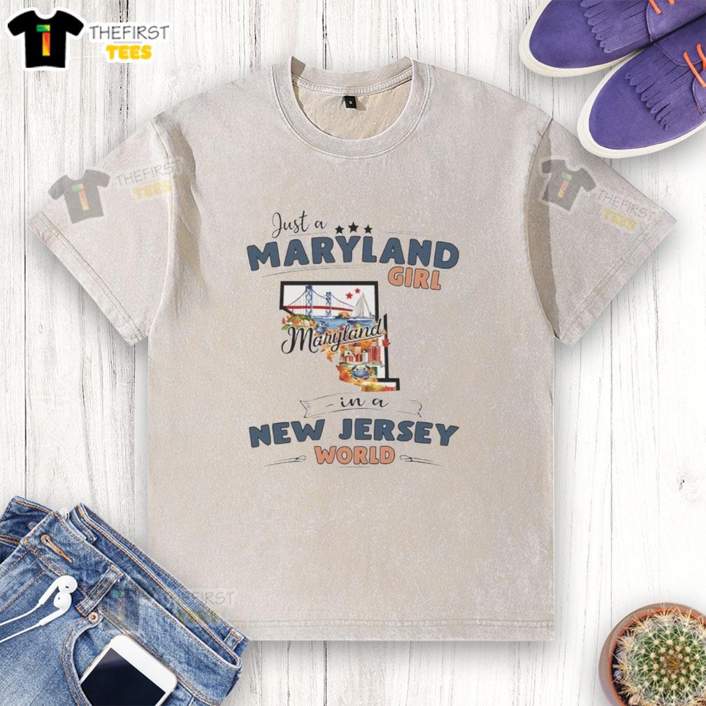 pretty-just-a-maryland-girl-in-an-new-jersey-world-state-map-outline-washed-t-shirt Alt Text: Pretty Maryland girl wearing a washed t-shirt with New Jersey state map outline design, showcasing state pride.