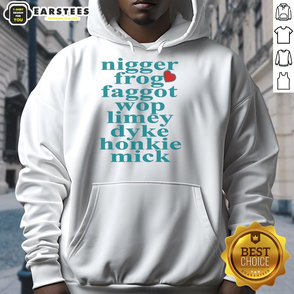 pretty-nigger-frog-faggot-wop-limey-dyke-honkie-mick-heart-shape-hoodie Alt Text: Colorful heart-shaped hoodie featuring unique designs and patterns, perfect for fashion-forward individuals.