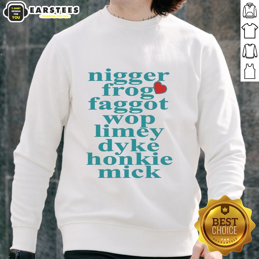 pretty-nigger-frog-faggot-wop-limey-dyke-honkie-mick-heart-shape-sweatshirt Heart-shaped sweatshirt featuring colorful frog design, celebrating diversity and inclusivity in fashion.