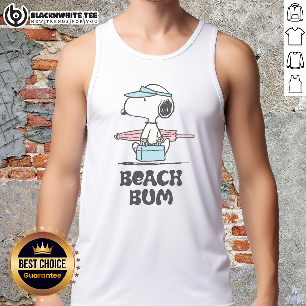 Pretty Peanuts Beach Bum Snoopy Tank Top Alt Text: Pretty Peanuts Beach Bum Snoopy tank top featuring colorful graphics of Snoopy relaxing at the beach.