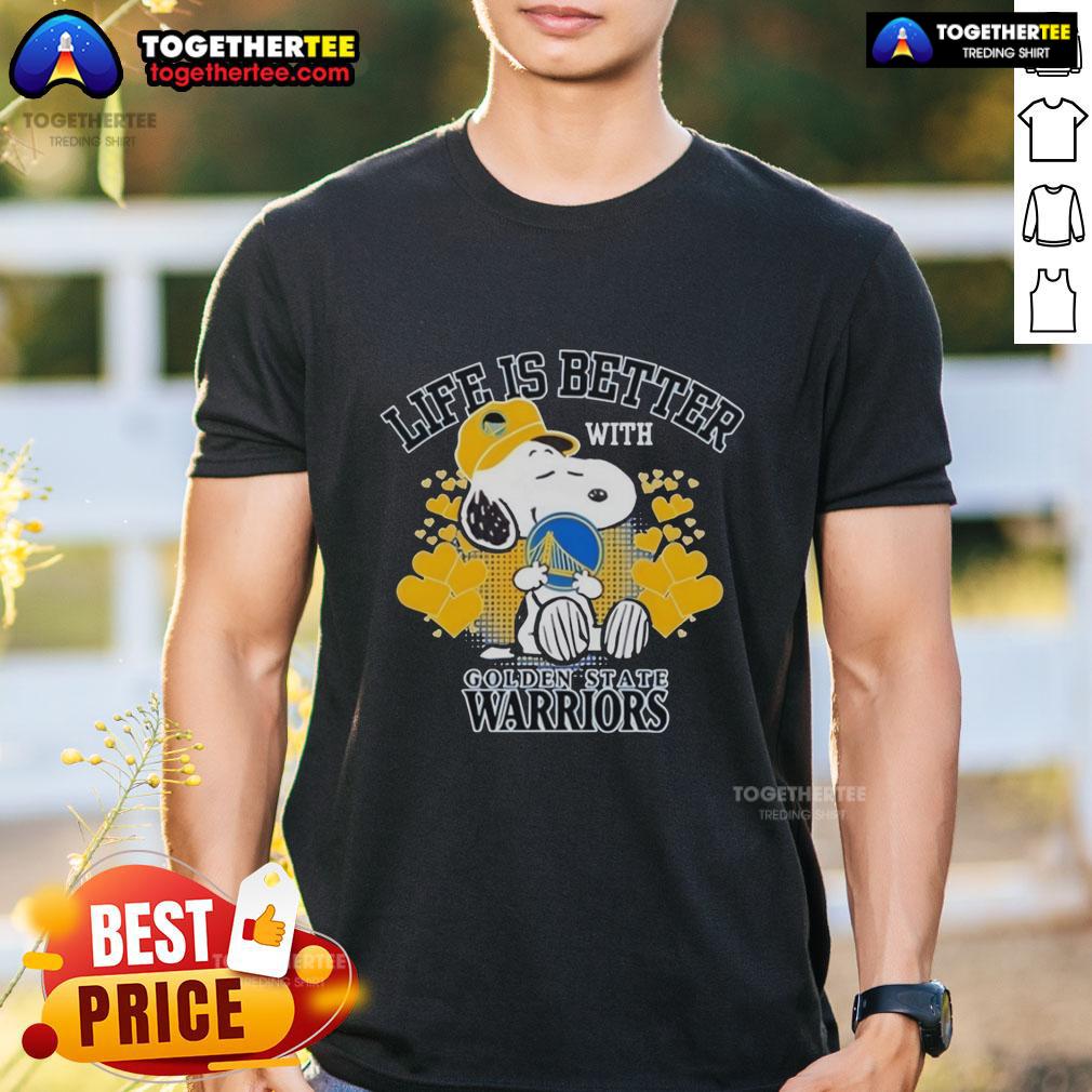 Pretty Snoopy Holding Golden State Warriors Logo Life Is Better With Golden State Warriors T-Shirt Alt Text: Pretty Snoopy wearing a Life Is Better With Golden State Warriors T-shirt, showcasing the Warriors logo.