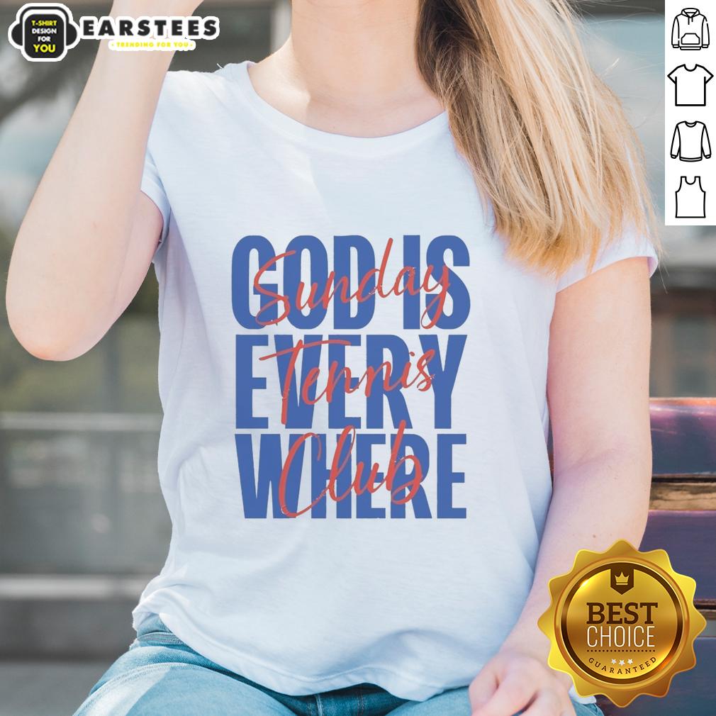 pretty-sunday-tennis-club-god-is-every-where-ladies-tee Pretty Sunday Tennis Club ladies wearing 'God Is Everywhere' tees on the court, enjoying a sunny day of tennis.