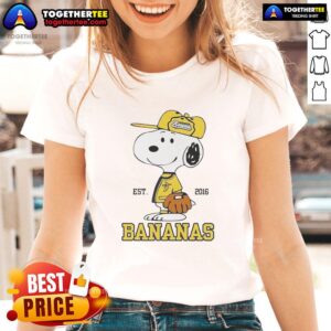 Alt Text: Cute Snoopy wearing a Savannah Bananas outfit on a ladies tee, established 2016, perfect for fans and casual wear.