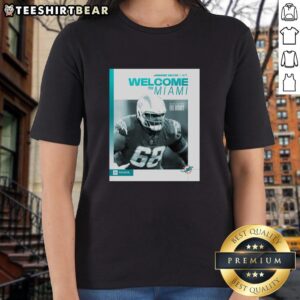 Alt Text: Premium Jamaree Salyer Miami Dolphins 'Welcome to Miami' ladies tee featuring team colors and stylish design.
