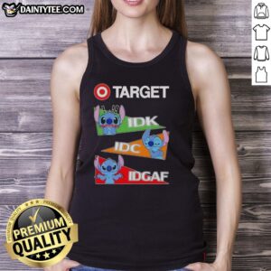 Alt Text: Cute Stitch X Target tank top featuring Idk I Don't Know Idc I Don't Care Idgaf graphic design.
