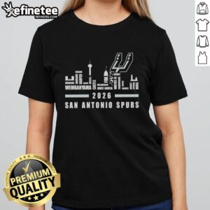 Alt Text: Premium San Antonio Spurs NBA 2026 ladies tee featuring player names and city skyline design.