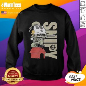 Original Snoopy Sniper and Woodstock sitting on doghouse sweatshirt design featuring iconic Peanuts characters.