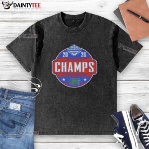 Good Florida Gators 2025 SEC Women's Gymnastics Champions washed t-shirt featuring team colors and logo.