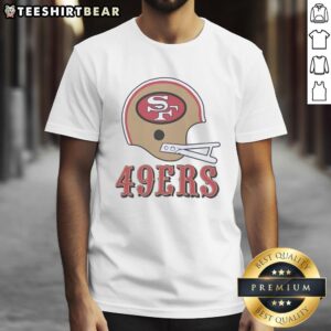 Alt Text: San Francisco 49ers football logo displayed on a large helmet graphic t-shirt design, perfect for fans.