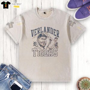 Premium Tigers Justin Verlander signature portrait washed t-shirt showcasing vibrant design and quality fabric.