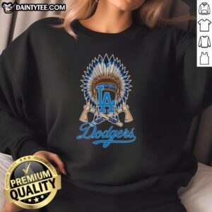 Alt Text: Stylish Los Angeles Dodgers Native American hat logo sweatshirt, perfect for fans and comfortable casual wear.