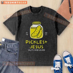 Pretty Pickles and Jesus Salty and Saved washed t-shirt design featuring vibrant colors and playful typography.
