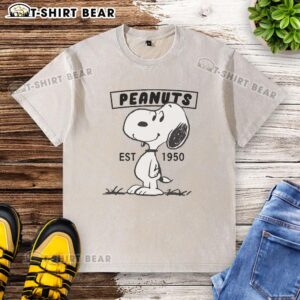 Pretty Peanuts Snoopy Smile Est 1950 washed t-shirt featuring a cheerful Snoopy graphic in vibrant colors.