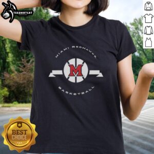 Alt Text: Premium Miami Redhawks Basketball Classic Circle Logo on a stylish ladies tee, perfect for sports fans and fashion lovers.