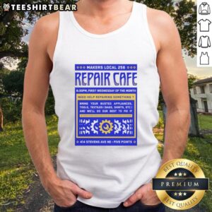 Nice Repair Cafe Makers local event showcasing sustainable practices with participants wearing '256 Tank Top' apparel.