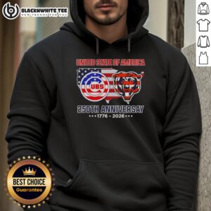 Alt Text: Original Chicago Sport Teams USA 250th Anniversary hoodie featuring map and flag design, celebrating 1776-2026.