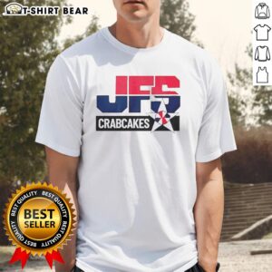 Alt Text: Original Tony Jfs Crabcakes T-Shirt featuring a vibrant design and bold logo, perfect for seafood lovers.