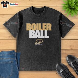Alt Text: Official Purdue Boilermakers NCAA Basketball Boiler Ball Text Stack Washed T-Shirt in black, showcasing team pride.