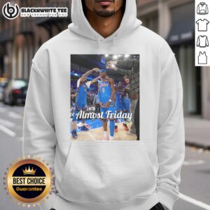 Shai Gilgeous-Alexander wearing an Oklahoma City Thunder hoodie after a game, showcasing team spirit and style.