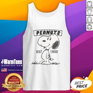 Alt Text: Cute Peanuts Snoopy smile tank top est. 1950, featuring a colorful design of Snoopy for casual summer style.