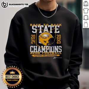 Top Avon Football Back-to-Back State Champs sweatshirt in navy blue, celebrating the team's championship victories.