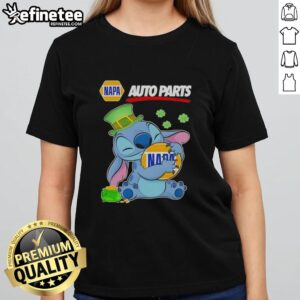 St. Patrick's Day Ladies Tee featuring Nice Stitch Hug Napa Auto Parts Logo in vibrant green design.