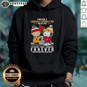 Alt Text: Snoopy and Charlie Brown NCAA Forever hoodie for Louisville Cardinals fans, celebrating win or lose spirit.