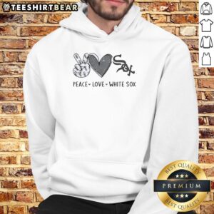 Alt Text: Awesome Chicago White Sox hoodie featuring a peace love hand sign in a heart shape with the team's logo.