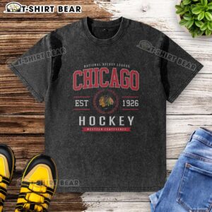 Alt Text: Awesome Chicago Blackhawks Hockey Legacy Crest Washed T-Shirt featuring bold logo on a stylish, comfortable fabric.