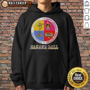 Alt Text: Hot Bananas Ball hoodie featuring party animals and firefighters in a vibrant circular logo design.