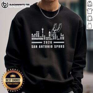 Original San Antonio Spurs NBA 2026 sweatshirt featuring player names and city skyline design, perfect for fans.