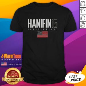 Alt Text: Cute Noah Hanifin 15 Vegas Golden Knights USA flag elite t-shirt featuring vibrant colors and stylish design.