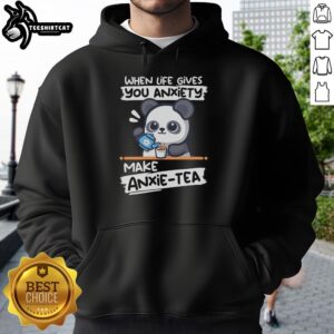 Cute panda hoodie featuring 'Good-Anxie-Tea' design, perfect for cozying up while sipping tea and embracing comfort.