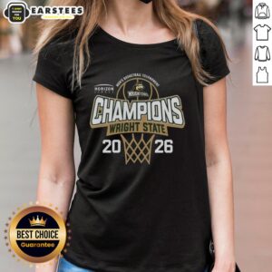 Alt Text: Wright State Raiders 2026 Horizon League Men's Basketball Tournament Champions Ladies Tee, showcasing team pride.