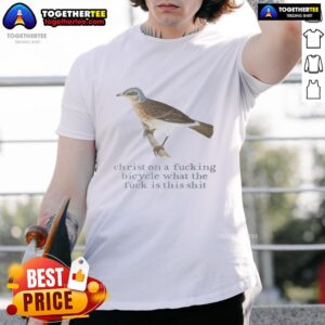 Alt Text: Hot Christ on a Bicycle T-Shirt featuring a bold graphic design and humorous text for unique fashion style.